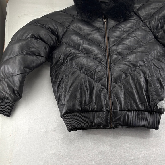 Black Leather Puffer Jacket with Fur Collar 3XL - Picture 2 of 16